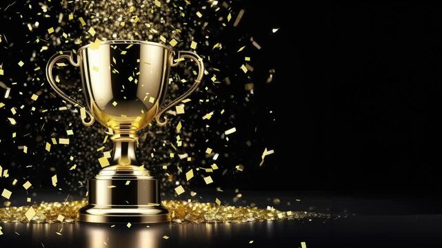 Gold cup sports trophy with flying shiny confetti. Gold winner trophy, success in sports competition, champion symbol