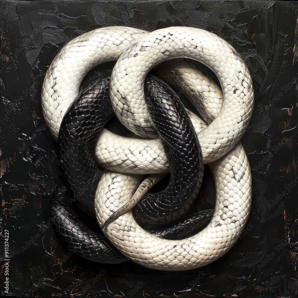 Poster A white and black snake intertwined in a complex pattern symbolizing duality in nature. This AI-generated image showcases abstract style