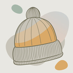 Autumn-themed Vector Illustration with Cap on Blue, Olive, and Orange Color Splashes Background, Capturing the Essence of Fall Season and Harvest-Time Festivities in the Countryside Environment.