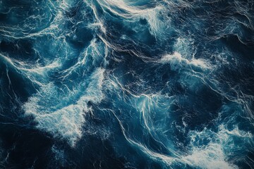 Obraz premium A top-down view of the ocean's surface, capturing swirling waves and splashes in shades of blue