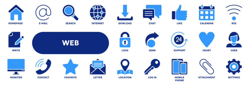 Set of vector solid icons related to web and internet, social media, communication and contact. Symbols for website or app ui, logo design, illustration