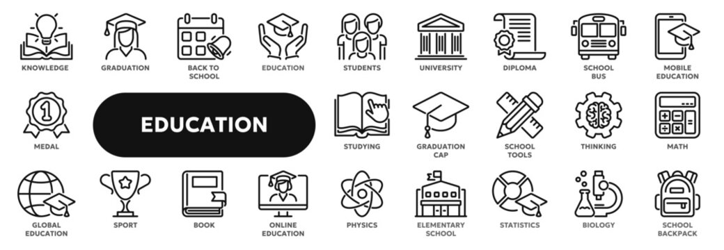 Set of vector line icons related to online education, school and university lessons, webinar. Symbols for website or app ui, logo design, illustration