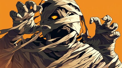 Scary Mummy Wrapped in Torn Cloth with Glowing Eyes and Clawed Hands Halloween Illustration on Orange Background