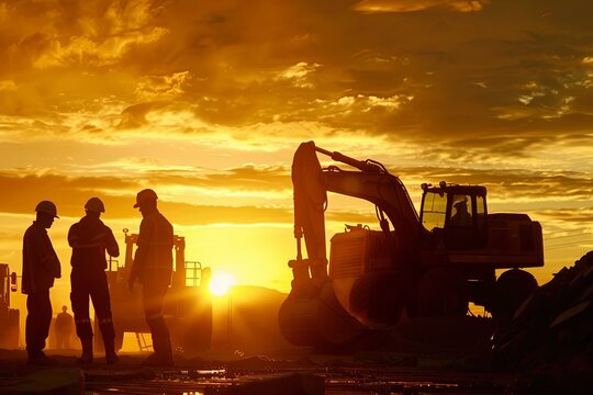Construction workers silhouetted against sunset with excavator.