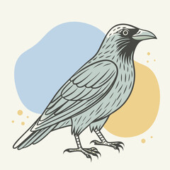 Fototapeta premium Vector Illustration of Autumn Scene with Crow Set Against Vibrant Blue, Olive, and Orange Color Splashes. Perfect for Seasonal Decorations, Fall-Themed Designs, and Nature-Inspired Artworks. Cozy and 