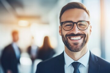 Naklejka premium Portrait of a smiling male office worker. Background of other office workers. Generative AI