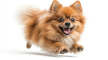 Obraz premium Pomeranian dog jumping isolated on white background. Studio shot.
