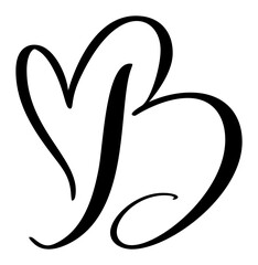 Script capital font logo calligraphy love letter B initial. Hand drawn vector brush style flourish. Vintage heart monogram. Valentine flourish element. Sign for page decoration design illustration