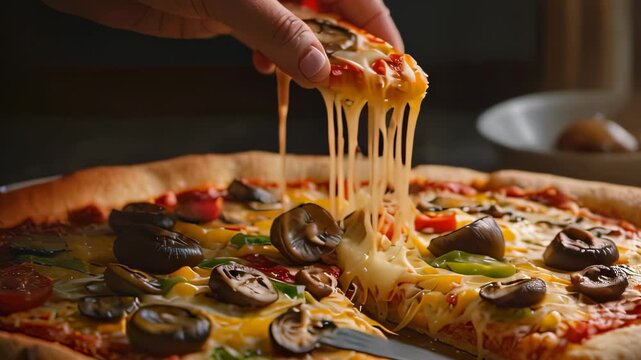 Video footage of close up of a pizza with a slice being lifted, resulting in strings of melted cheese stretching from the main portion to the slice