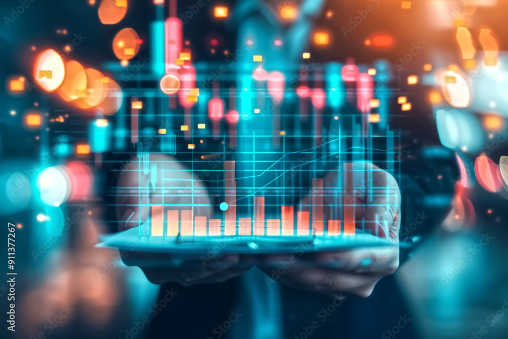 Poster businessman holding tablet with abstract financial data and graphs in futuristic digital interface