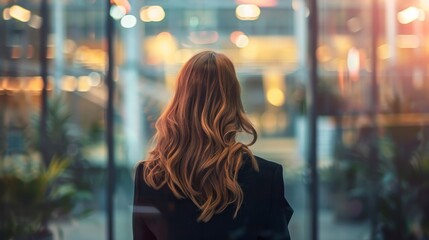 Fototapeta premium Businesswoman with back turned in a corporate environment.