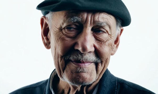 Medium shot portrait video of a French man in his 80s against a white background