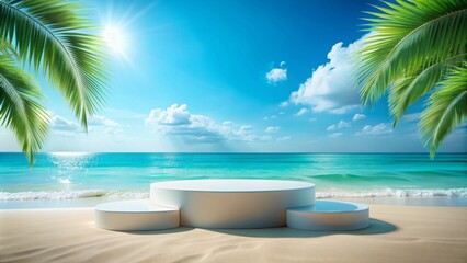 Vibrant beach-themed podium display against a clear blue sky with calm sea waters, perfect for showcasing summer beauty and cosmetic products in a refreshing travel setting.