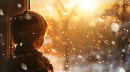 Naklejka premium Child Gazing Out Window at Sunset with Snowflakes Falling