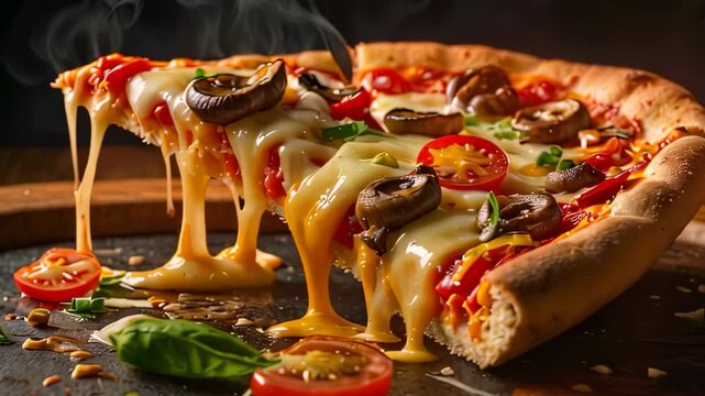 Video footage of close-up of a freshly baked pizza with a slice being lifted, causing strings of melted cheese to stretch from the main portion
