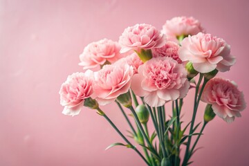 Obraz premium Soft pink carnations bloom against a delicate pastel pink background, providing ample copy space for text or design elements, creating a romantic and feminine atmosphere.