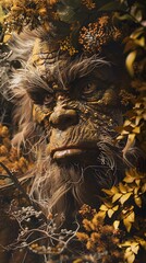 A forest creature with intricate textures and earthy tones is camouflaged among foliage, blending seamlessly with its natural surroundings in a mystical setting.