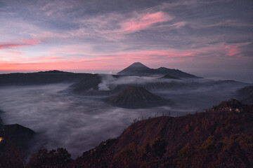 Mount Bromo volcano (Gunung Bromo) during sunrise on Mount Penanjakan, in East Java, Indonesia.
