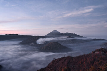 Mount Bromo volcano (Gunung Bromo) during sunrise on Mount Penanjakan, in East Java, Indonesia.