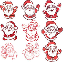 Happy Santa Claus Silhouettes Waving in Red and White Vector Designs