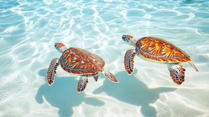 A pair of sea turtles gracefully swimming through crystal-clear water, with white sand visible beneath them, creating a serene and tropical scene