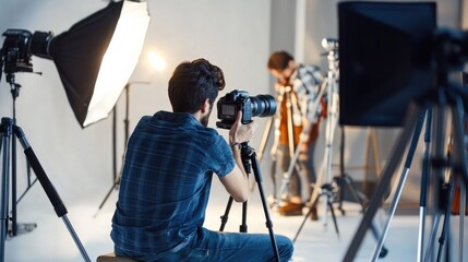 A photographer capturing product images for an advertising shoot, with professional lighting, a camera, and styled props set up in a studio