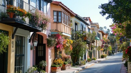 A picturesque street lined with pastel-colored houses, featuring charming balconies and flower-filled window boxes.