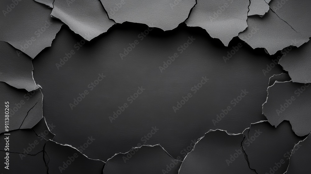 Poster abstract black background with a circular opening in the center, formed by irregular fragmented shap