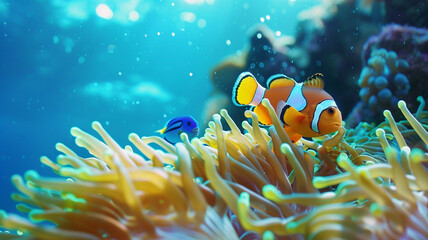 clown fish swimming in an anemone