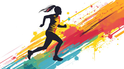 Fototapeta premium Running athletics sport woman colorful splash horizontal banner on white illustration with copy space. Generative AI graphic 