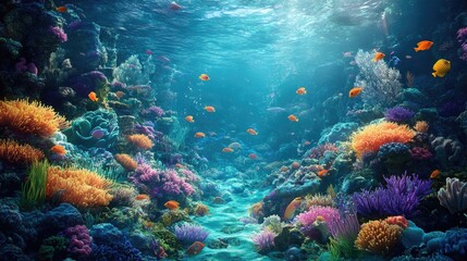A vibrant underwater coral reef scene with schools of fish and sea anemones, great for nature and conservation campaigns.