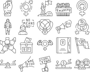 feminist female women icons set vector. activist woman, feminism strong, movement protest, fist power, girl, hand feminist female women black contour illustrations