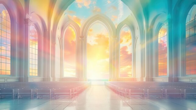 A choir singing in a church, pastel background
