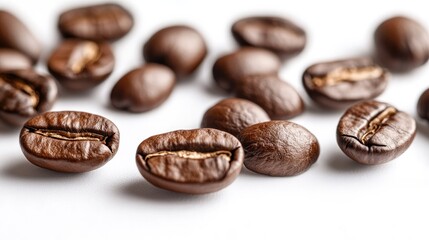 Fototapeta premium Arabica coffee beans scattered on a white surface, contrasting their rich color with a clean background.