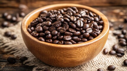 Fototapeta premium Arabica coffee beans in a wooden bowl, emphasizing their premium quality and natural appeal.
