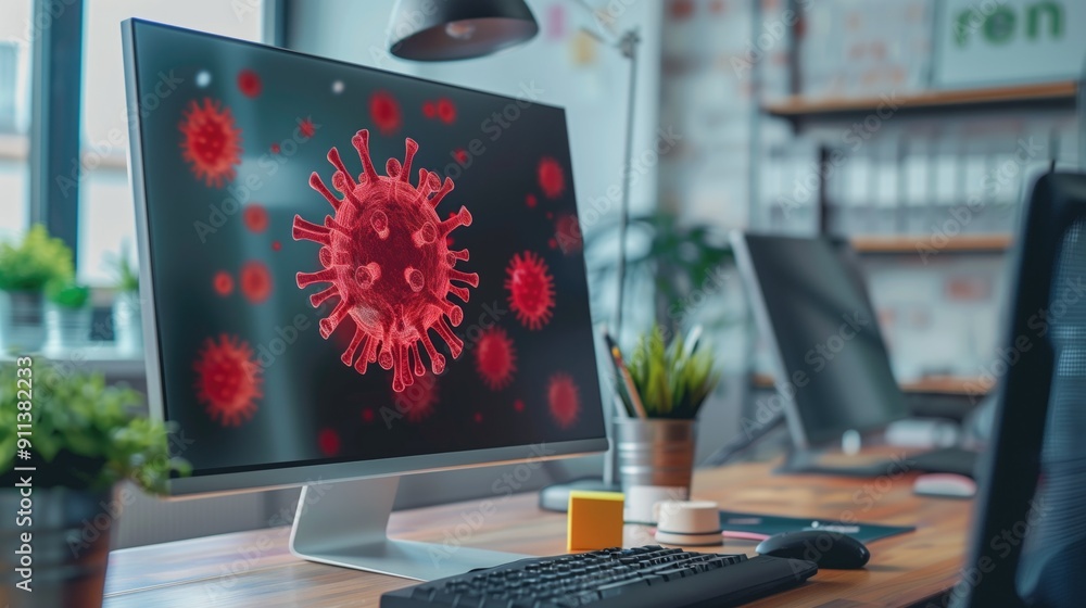Aufkleber computer monitor displaying 3d model of virus in modern office with plants and shelves in the backgr