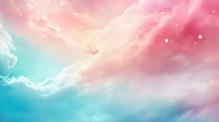 Reindeer flying across the sky, pastel background