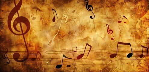 Abstract musical notes and symbols flying over a textured, warm-colored background. Represents concepts of music, creativity, and artistic expression.
