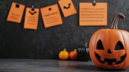 Halloween-themed business bulletin board with spooky announcements and event details