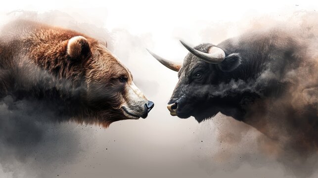 A brown bear and a black bull face each other in a dramatic standoff, symbolizing the forces of market volatility.