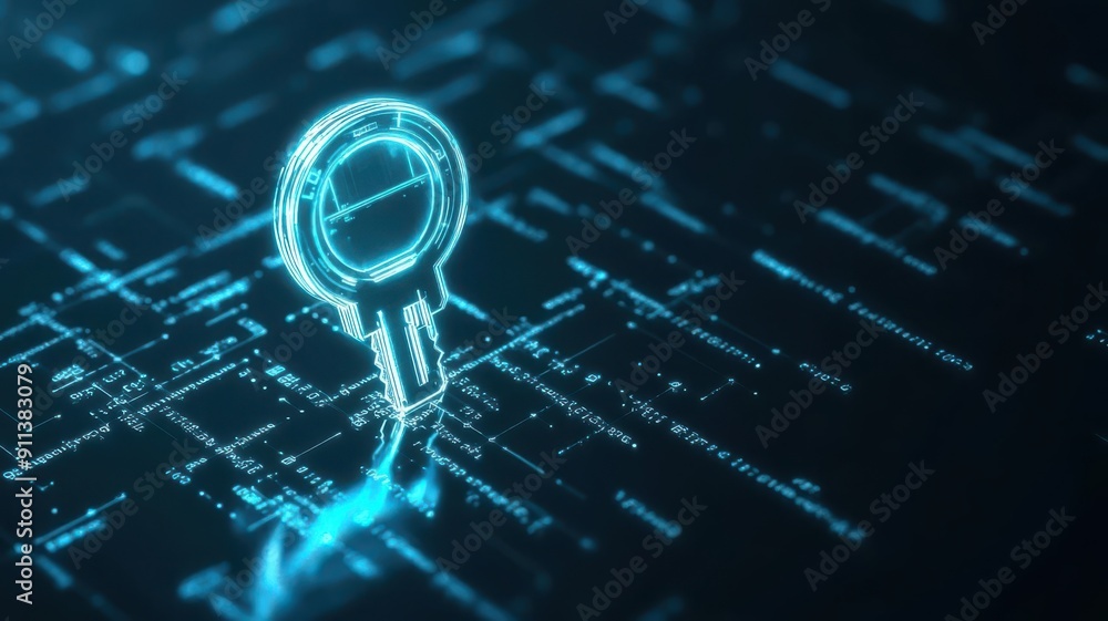 Poster data encryption, floating holographic keys, sleek futuristic background, secure information