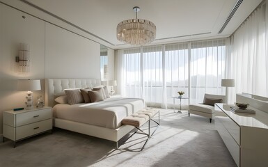 Fototapeta premium Elegant White Modern Bedroom with Plush Carpet and Natural Light