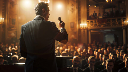 A charismatic leader addressing an audience in a stately hall