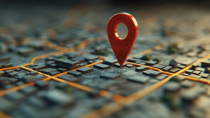 3D render of a Map with Large Red GPS Pointer containing a Green House. ai generated