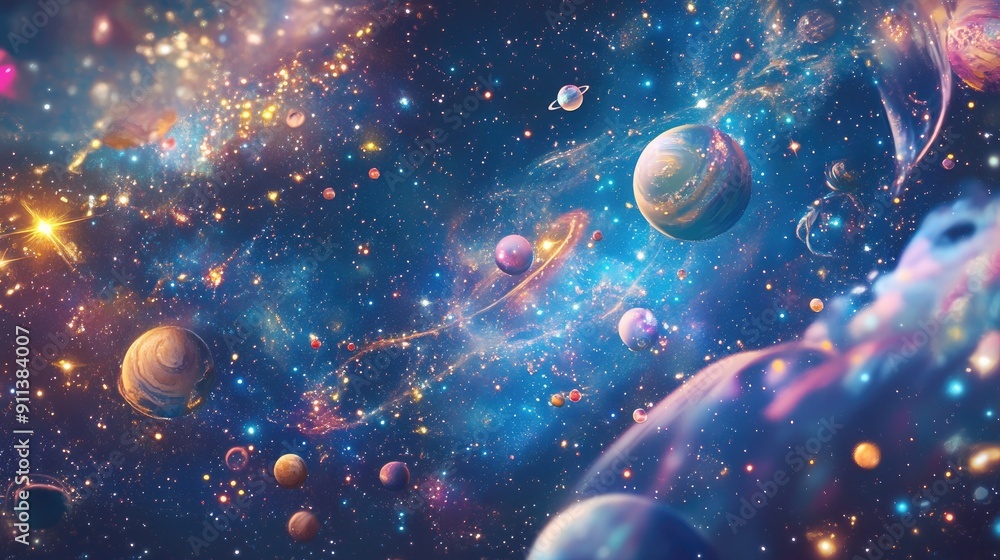 Wall mural magical cartoon creatures flying through a starry night sky, leaving trails of sparkles and surround