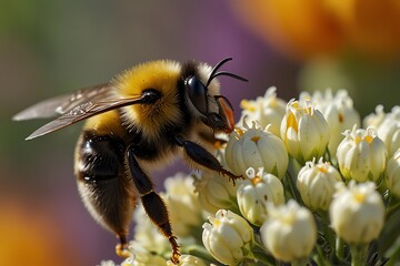 The image shows a bumblebee collecting nectar from a cluster