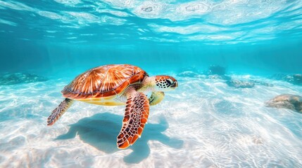 Fototapeta premium Turtles darting through a pristine ocean with white sandy patches visible through the transparent water, creating a picturesque and calming underwater scene.