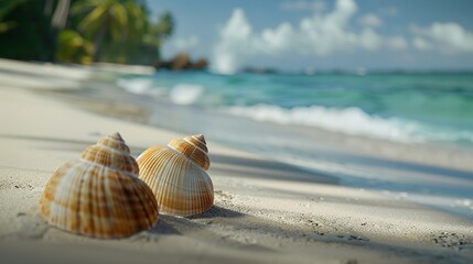 Two beautiful sea shells on sandy tropical beach by the ocean with clear blue sea and sky in background. Generative Ai