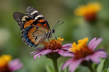 A butterfly with orange, black, and blue wings is perched on a purple flower. 
