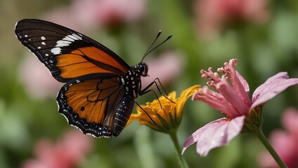 Naklejka premium The image is a close-up of an orange and black butterfly with white markings